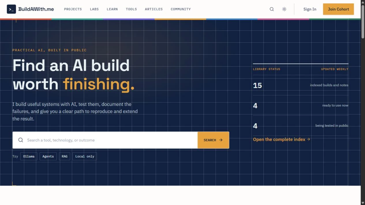 The actual BuildAIWith.me homepage: navy grid, amber accents, searchable build library, and outcome-driven tracks