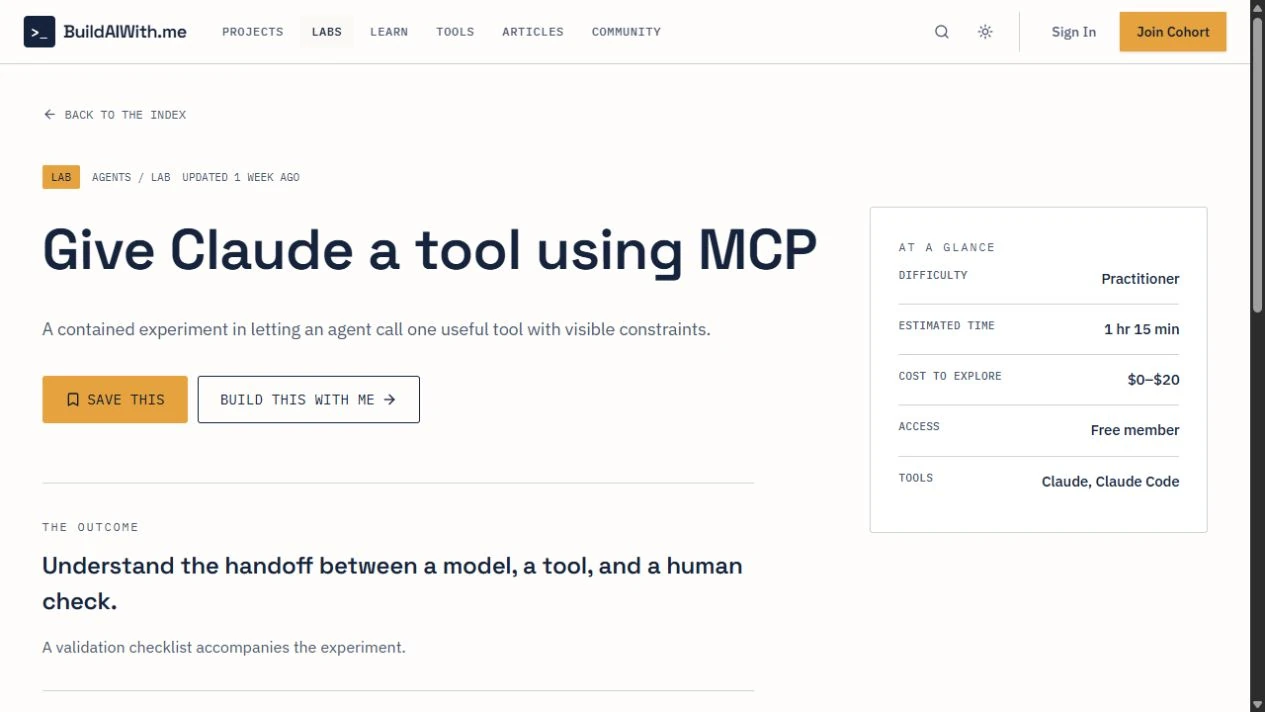 BuildAIWith.me MCP lab showing its outcome, build notes, and tool requirements