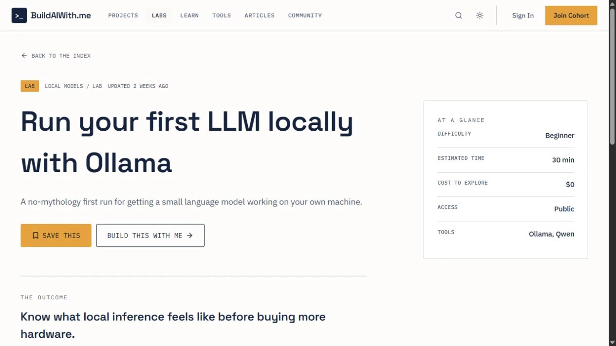 BuildAIWith.me lab page for running a first local language model with Ollama