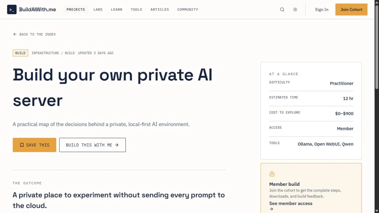 BuildAIWith.me private AI server project page with the documented outcome and build stages