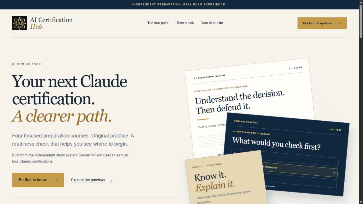 AI Certification Hub showing its four preparation paths and original learning samples