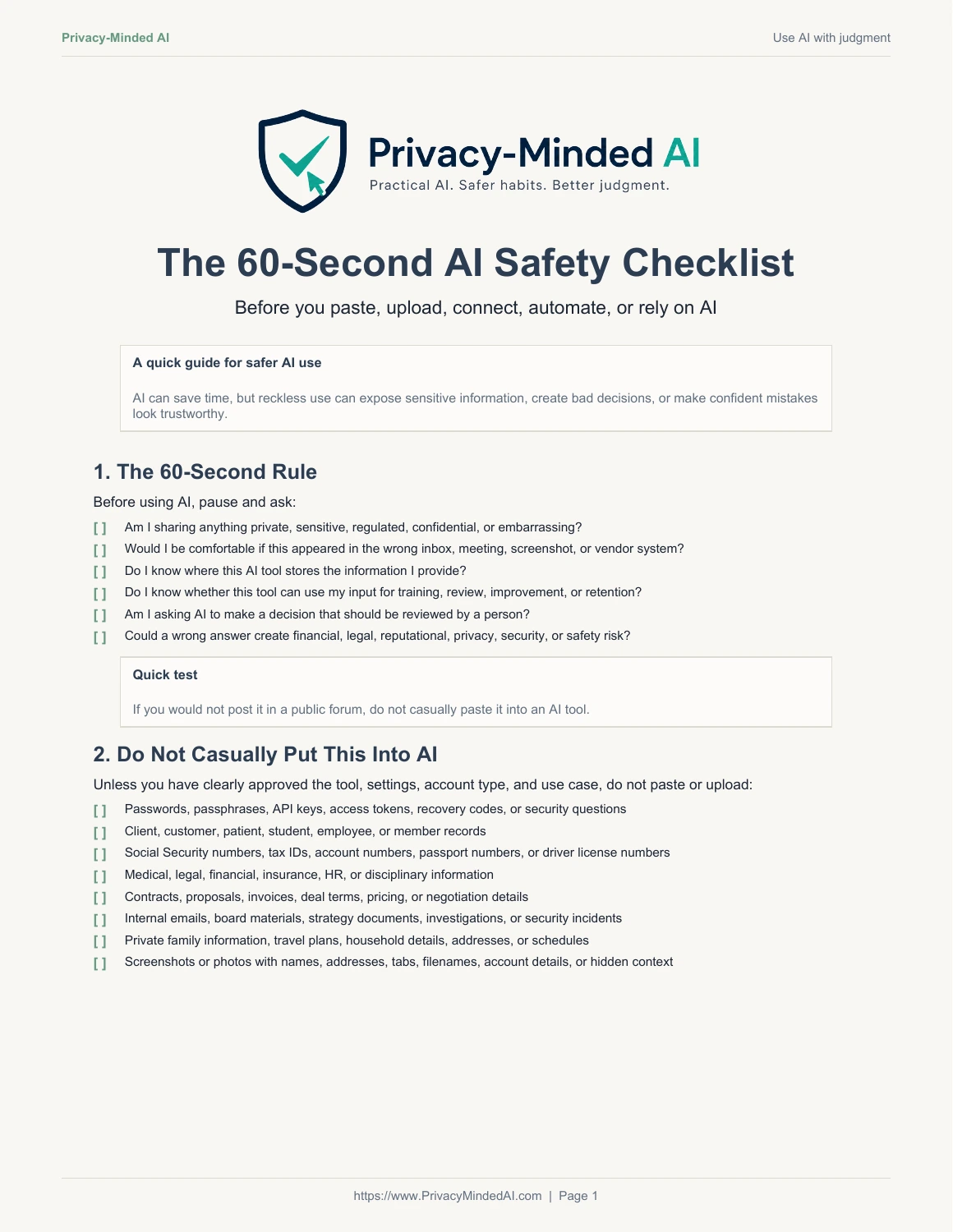 First page of the Privacy-Minded AI 60-Second AI Safety Checklist