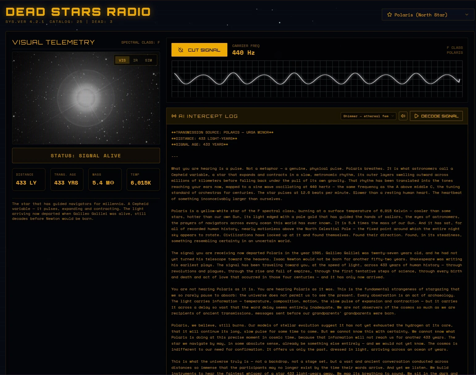 Dead Stars Radio interface with a Polaris signal, waveform, controls, and explanatory text