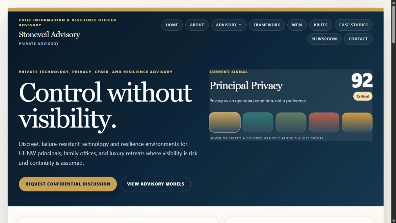 StoneVeil Advisory website showing the private advisory proposition and exposure signal