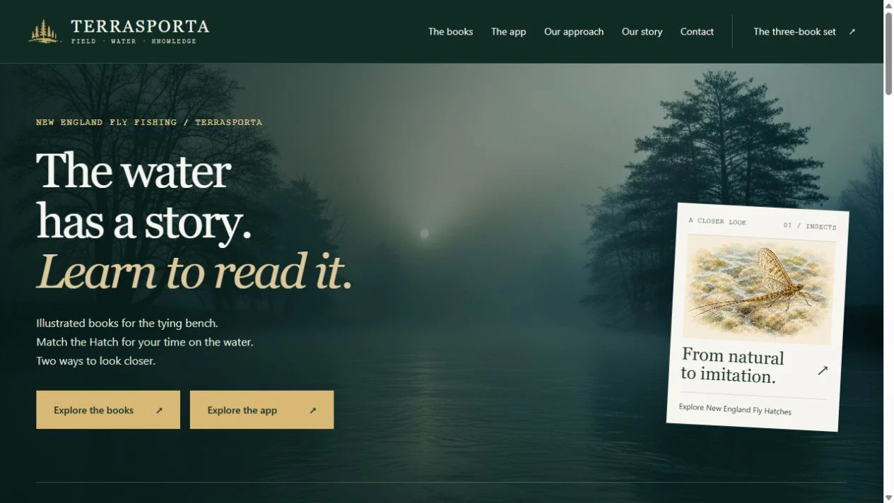 TerraSporta’s outdoor publishing website with mist over the water and an illustrated mayfly